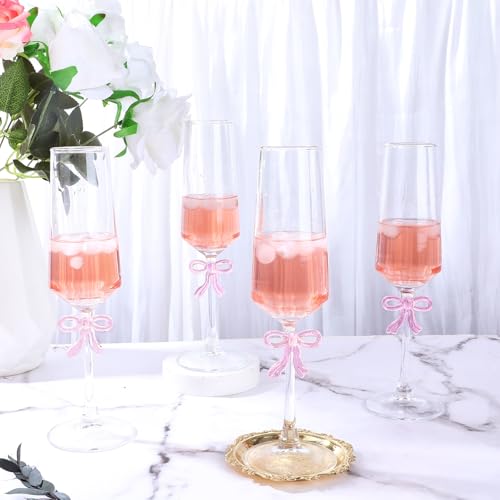 LAUDEE Champagne Glasses Set of 2, 8oz Elegant Crystal Stemmed Champagne Flutes with Pink Bow for Prosecco, Sparkling Win...