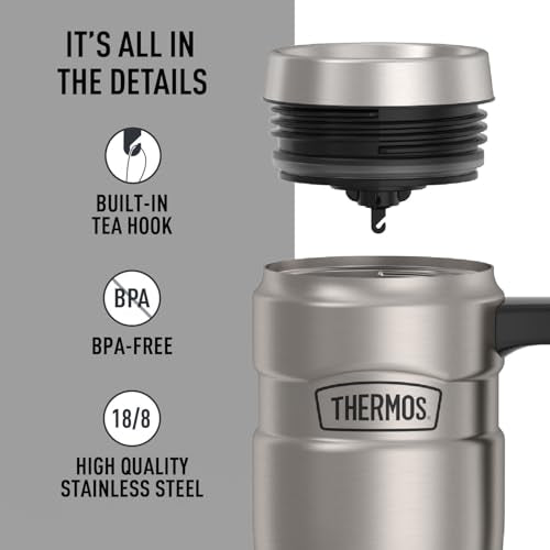 THERMOS Stainless King Vacuum-Insulated Travel Mug with Handle - 16oz, Matte Steel - Thermos Tumbler for Hot & Cold Drinks...