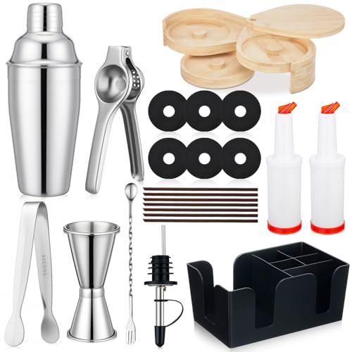Yiyiring Bartending Supplies 3 Pcs Cocktail Shaker Set, 3 Tier Bar Rimmers 12 Bottle Pourer 2 Plastic Juice Pour Bottle, B...