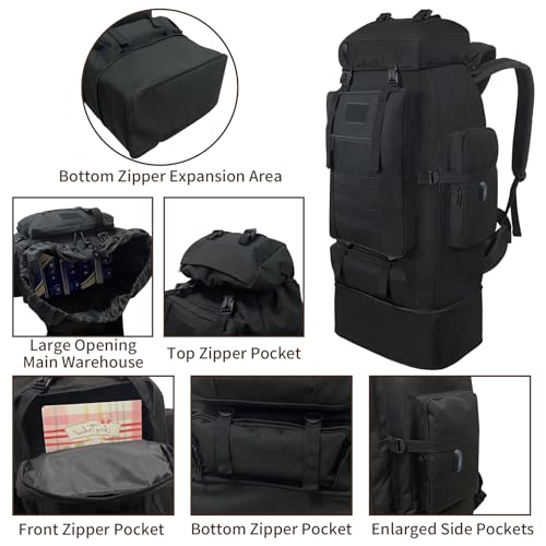 Vaupan 70L/100L Hiking Backpack with USB Charging Port, Expandable Large Military Tactical Backpack, Waterproof MOLLE Ruck...
