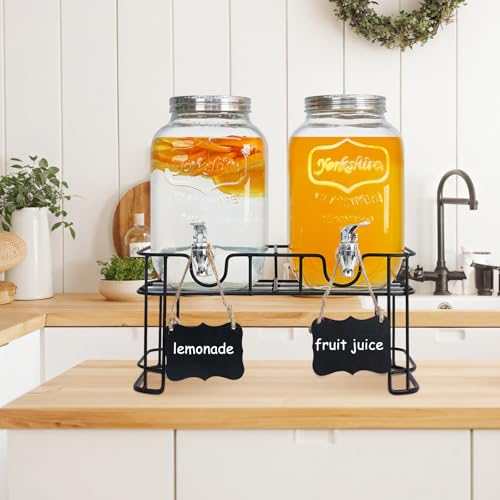 2-Pack 1 Gallon Glass Drink Dispensers for Parties - Leak-Proof Beverage Dispenser with Stand, Spigot, Ice Cylinder & Chal...