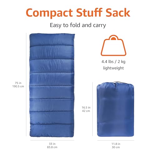 Amazon Basics 30°F Cool Weather Sleeping Bag, 75 Inches x 33 Inches, Blue