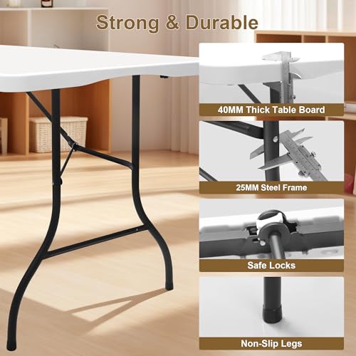 Keycozy Heavy Duty 6ft Folding Table, Portable Fold-in-Half 6 Foot Foldable Table, Table of Utility Dining Indoor Outdoor ...