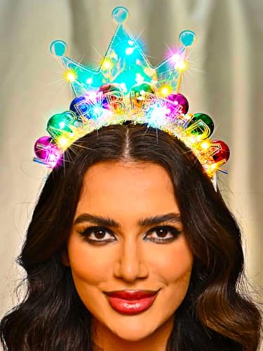 Zoestar Light Up Happy Birthday Crown Headband Glow Ball Hair Bands Sparkly Birthday Party Hair Accessories Women