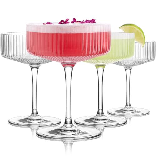 LUNA & MANTHA Coupe Glasses Set of 4, 10oz Crystal Ribbed Martini Glasses, Vintage Cocktail Glass, Hand Blown for Espresso...