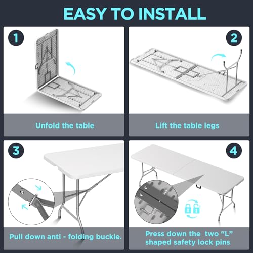 HLPB Folding Table Picnic Table, 8 ft Portable Camping Table with Handle and Safety Locks, Foldable Table Plastic Dining T...