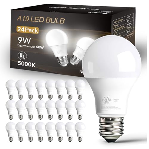 dalattin 24 Pack LED Bulbs Daylight White 5000K, 60 Watt Equivalent A19 Standard Bulbs, E26 Base, 800 LM, Efficient 9W Ene...