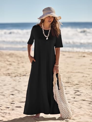 MEROKEETY Summer Maxi Dresses for Women 2026 Vacation Spring Casual Short Sleeve Basic Long T Shirt Dress Pockets