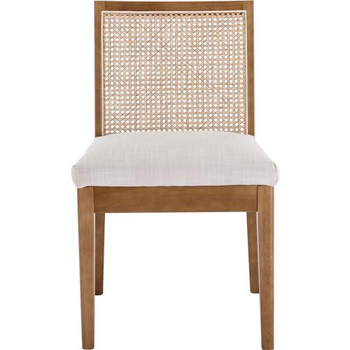 DAYALANE Rattan Dining Chairs Set of 2, Farmhouse Linen Dining Room Chairs Kitchen Chairs with Cane Back, Upholstered Rattan Chairs Comfy Side Wood Chair for Living Room/Restaurant, Natural Cream