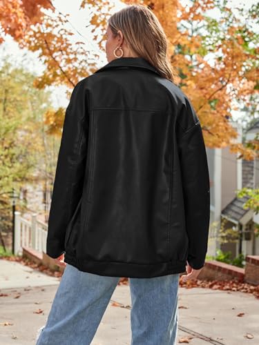 AUTOMET Women's Oversized Faux Leather Jacket - Fall Motorcycle Style Coat with Zipper Closure