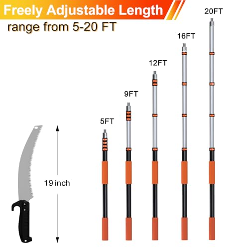 LAANPOLE 26FT Pole Saw, Telescoping Tree Trimmer with 5-20FT Extension Pole, Manual Branches Pruner for Backyard, Orange