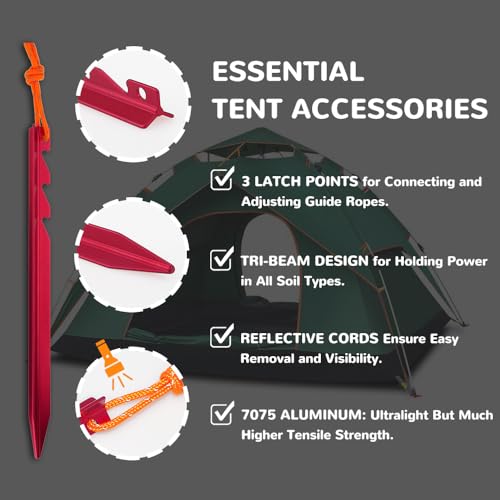 AnyGear 7075 Aluminum Tent Stakes 15 Pack - Ultralight Tri-Beam Tent Pegs with Reflective Rope - Essential Tent Accessorie...