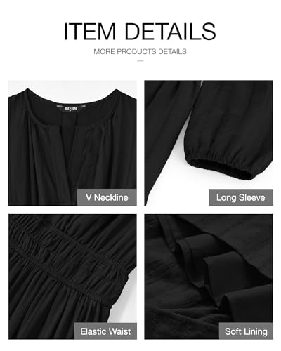 BTFBM Fall Dresses for Women 2026 Casual Long Sleeve V Neck Elastic Waist Lightweight Maxi Wedding Guest Dress Pockets