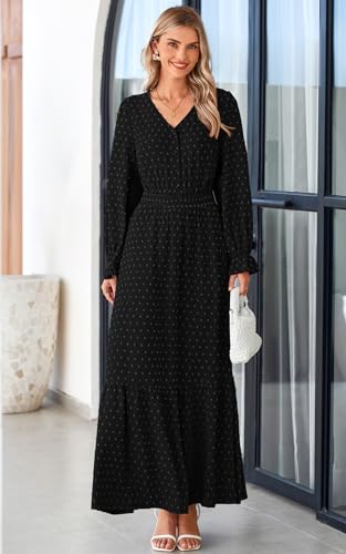 PRETTYGARDEN Women's 2025 Maxi Dress Long Sleeve V Neck Flowy Swiss Dot High Waist Casual A Line Fall Wedding Guest Dresses
