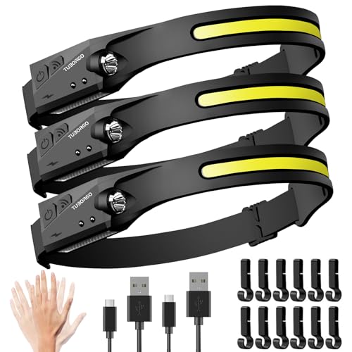 TUBORGO Rechargeable Headlamp 3PCS, 230° Wide Beam Head Lamp, Motion Sensor LED Headlamp Rechargeable, 6 Mode Headlamps fo...