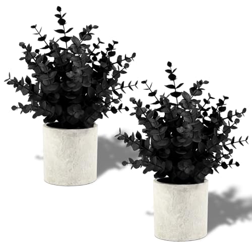 Coferset 2 Pack Black Fake Eucalyptus Small Fake Plants Potted Artificial Plants for Halloween Decorations Shelf Desk Home...