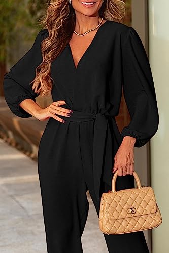PRETTYGARDEN Women's Fall Jumpsuits Dressy Casual Pants Romper Spring Long Sleeve V Neck Belt Pockets One Piece Outfits
