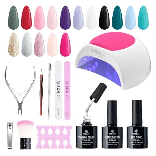 SUNUV Gel Nail Polish Kit with UV Light for Nails SUN2C 16 Colors Gel Polish Sets, Base and Top Coat with 8 PCS Manicure T...