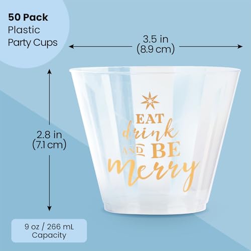 Sparkle and Bash Clear Plastic Cups - Festive Print for Eat, Drink & Be Merry Party Supplies - Durable Plastic Cocktail Gl...