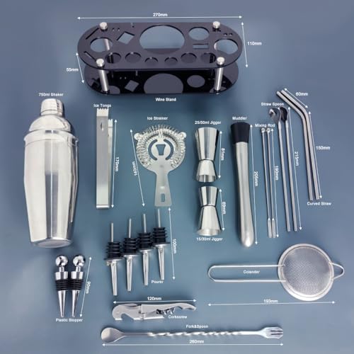 Cocktail Shaker Set, 24oz Cocktail Shaker 21-Piece Stainless Steel Bar Tools Bartending Kit with Black Acrylic Stand Cockt...