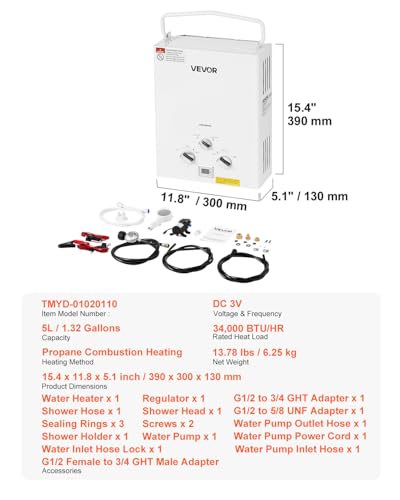 VEVOR Portable Propane Water Heater, 5L Tankless Outdoor Water Heater, 34000 BTU 1.32 GPM Instant Hot Water, with Accessor...