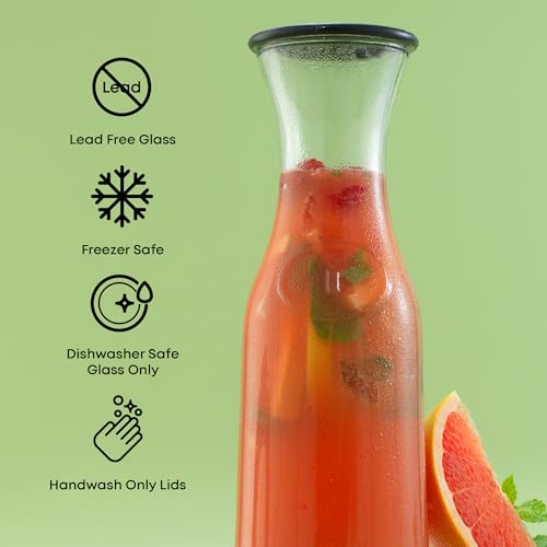 JoyJolt Glass Carafe with Lid, Set of 3 – 1 Liter Glass Pitcher for Mimosa Bar, Water, Iced Tea, Juice, Wine, Lemonade, Mi...