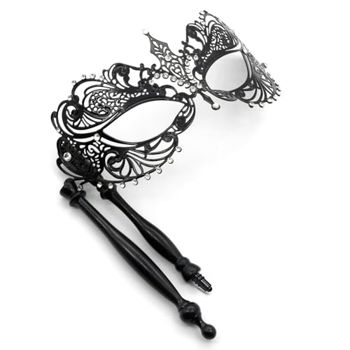 Thmyo Venetian Halloween Mardi Gras Party Mask with Holding Stick, Carnival Handheld Metal Feather Rhinestone Masquerade Mask