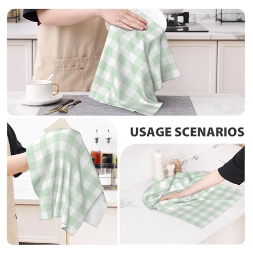 Novastar Kitchen Towels - Soft Absorbent Quick Towels for Kitchen Drying, Light Green White Checkered Print Drying Dish Hand Towel for Home Decor with Lanyard