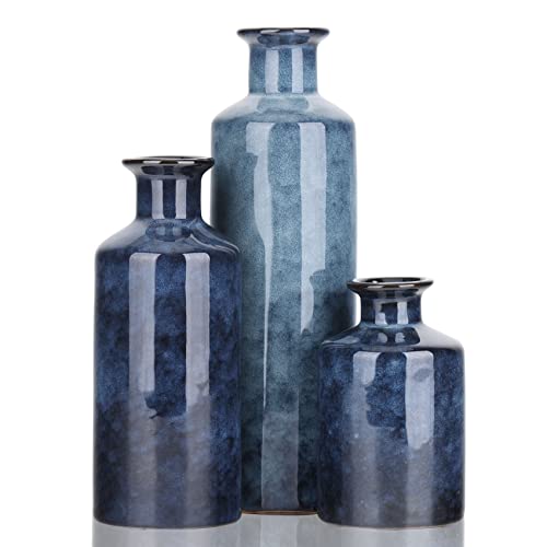 Blue Ceramic Vase Set - 3 Blue Small Vases, Farmhouse Country Flower Vase Home Decor, Living Room Decoration, Table Decora...