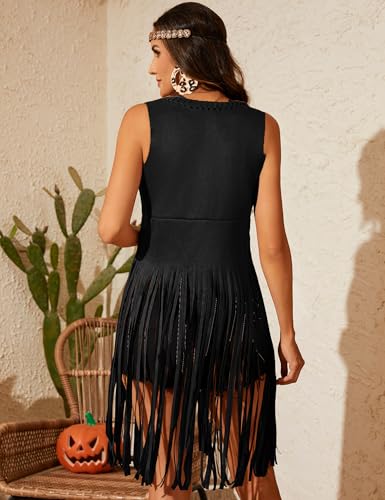 APRROOT Hippie Clothes for Women 5 Pcs 70s Outfits Disco Costume 60s Woman Halloween Costume Cowgirl Fringe Vest Country Concert Outfits Black L