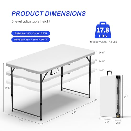 VSOAEIL Folding Table 4 Foot for Indoor Outdoor, Portable Heavy Duty Fold-in-Half Utility Small Plastic Adjustable Height ...