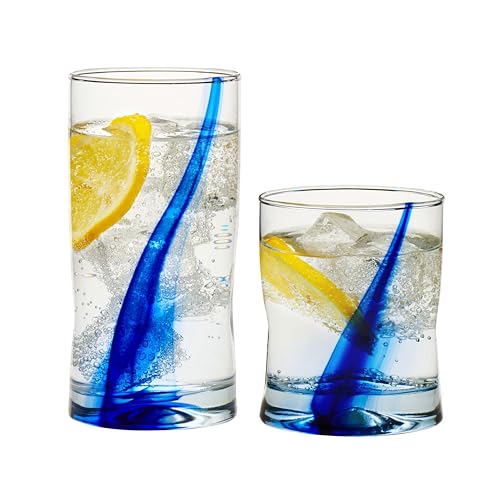 Libbey Blue Ribbon 16 Piece Tumbler and Rocks Glass Set, Infused Blue Ribbon Drinkware Glasses Set, Artisan Inspired Four-...