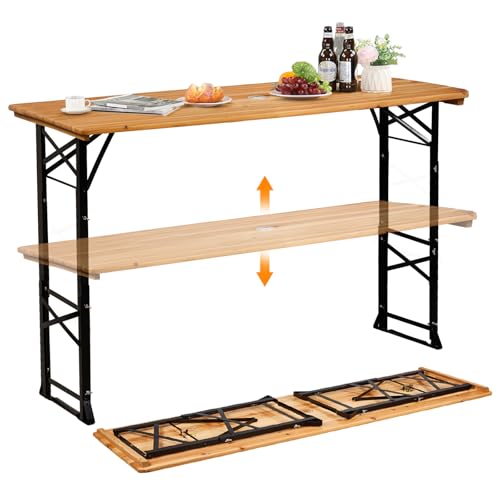 VINGLI 67 Inch Wooden Folding Picnic Table, Picnic Beer Table with Umbrella Hole, Adjustable Heights (29.5" Sitting & 41....
