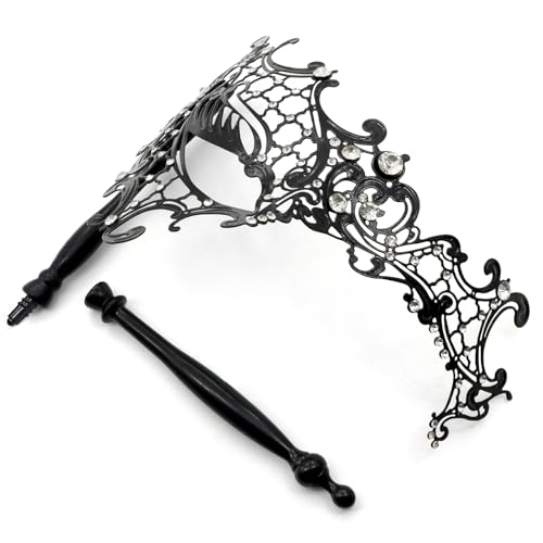 Thmyo Venetian Halloween Mardi Gras Party Mask with Holding Stick, Carnival Handheld Metal Feather Rhinestone Masquerade Mask