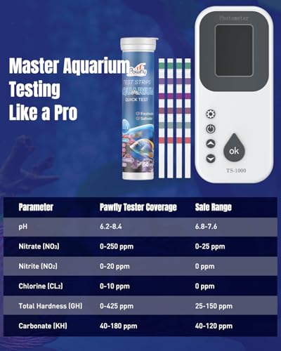 Pawfly 6 in 1 Digital Water Testing Kit, 50 Strips Fresh/Salt Aquarium Water Test Kit, Fish Tank Water Testing Kit, Digita...