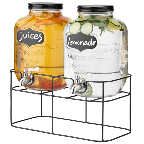 Navaris Glass Double Jar Drink Dispenser with Tap - Includes Metal Stand - For Cocktail Drinks, Lemonade, Water or Beverag...