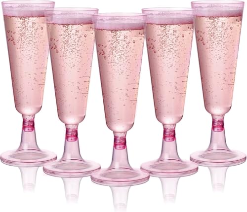 MATANA 24 Glitter Pink Champagne Flutes Plastic Champagne Glasses 5 oz, Reusable Pink Plastic Wine Glasses, Copas De Plast...