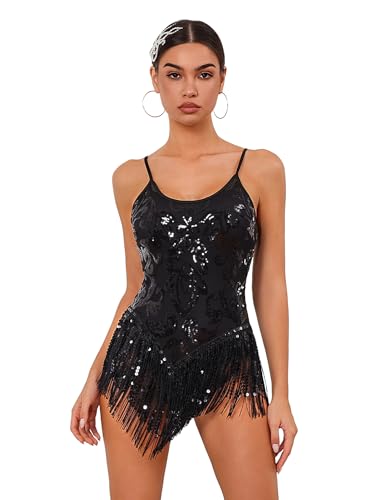 ODIZLI Women Sparkle Sequins Fringe Tassel Leotard One Piece Bodysuit Latin Dance