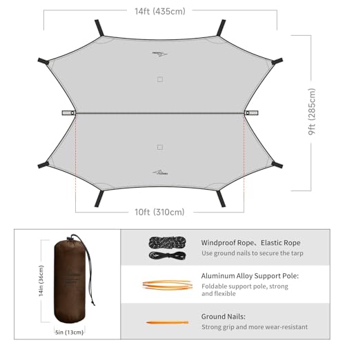 Travel Bird Ultralight Tarp, 14ft Hammock Rain Fly Lightweight Waterproof Camping Tent Tarp with Doors, Bushcraft Tarp She...