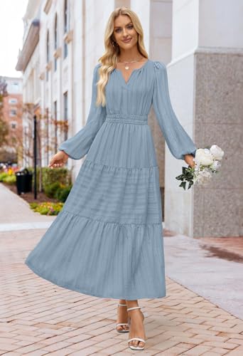MEROKEETY Winter Midi Dresses for Women 2026 Spring Long Sleeve Casual V Neck Tiered Cotton Maxi Dress Pockets