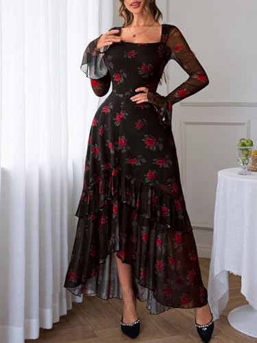 GothDark Women's Floral Mesh Dress Elegant Long Sleeve Square Neck Double Layer Ruffle Hem Casual Wedding Guest Maxi Dresses