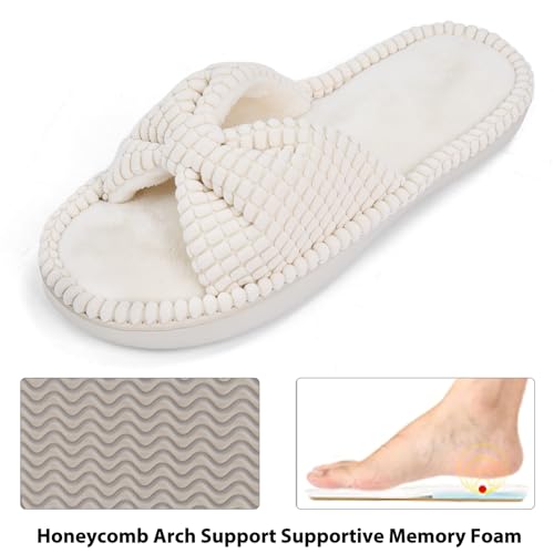 DL Women's Memory Foam Open Toe Slide Slippers with Cute Bow and Cozy Terry Lining, Slip-on House Shoes Spa Mules Sandals ...