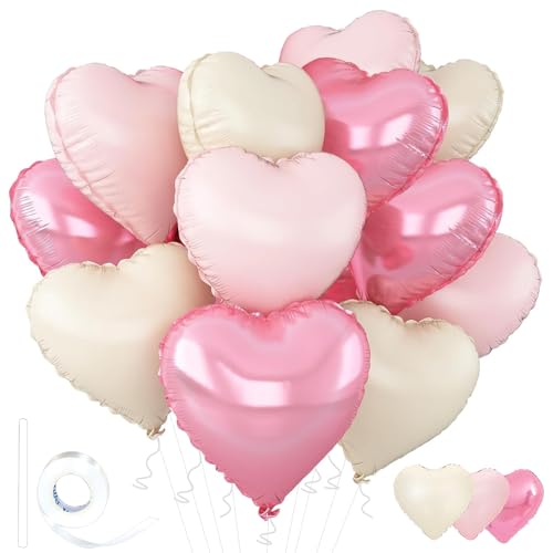 Wuhetyo Pink Heart Balloons,18inch Bright Pink Heart Shaped Foil Balloons & Pastel White Helium Mylar Balloon for Annivers...