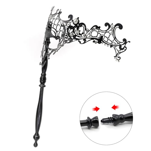 Thmyo Venetian Halloween Mardi Gras Party Mask with Holding Stick, Carnival Handheld Metal Feather Rhinestone Masquerade Mask