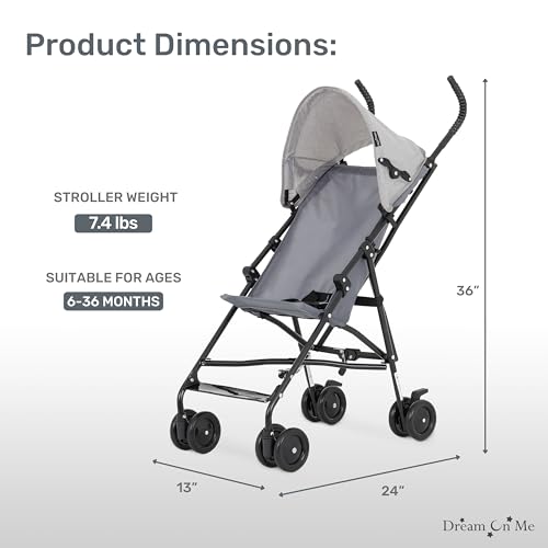Dream On Me Aero Travel Umbrella Stroller, One-Hand Quick Fold, 3-Point Safety Harness, Dual Brakes, Adjustable Removable ...