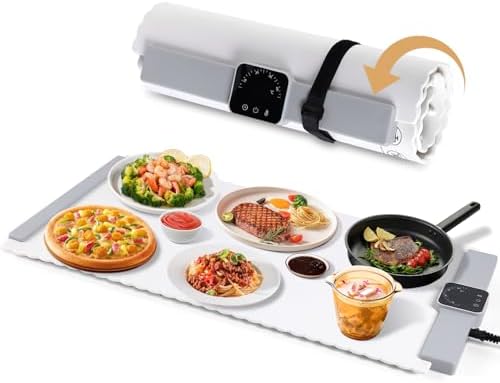 Food Warming Mat - 5 Temperature Settings, 4-Hour Timer, Child Lock, Flexible Silicone, Easy Clean, Multi-Use, Perfect for...