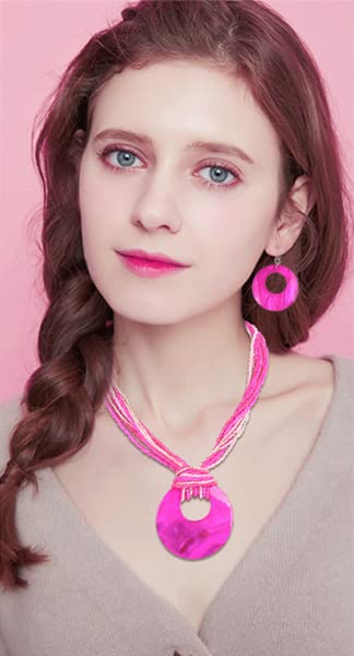 Coiris Multi Strand Statement Colorful Beaded Necklace Earrings Set with Big Circle Shell Pendant for Women (N0055-Rose)