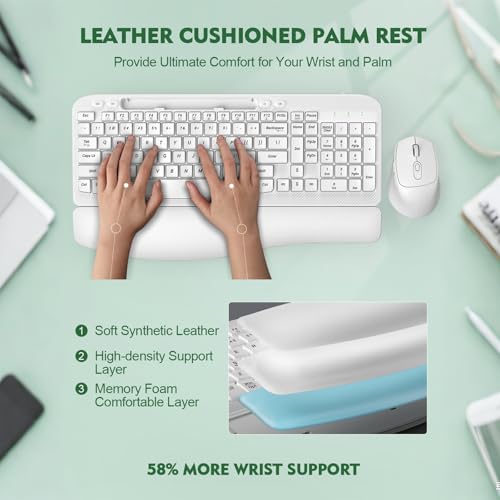 Wireless Keyboard and Mouse Combo, Wave Keys Full-Sized Ergonomic Keyboard with Cushioned Plam Rest, Phone Holder, Comfort...