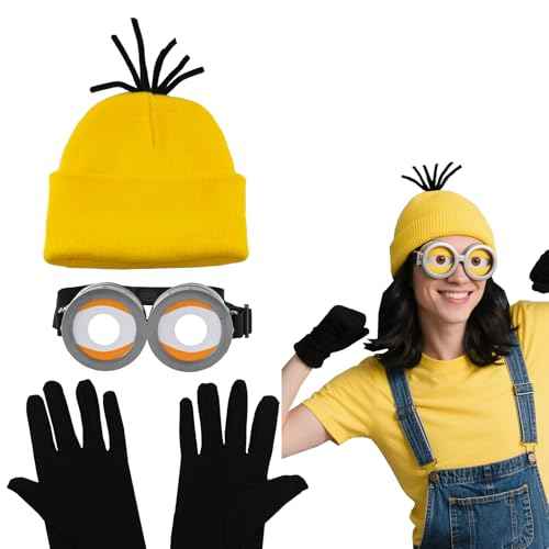 Women Men Halloween Costume Accessory Set, Yellow Knit Beanie Hat with Goggles and Black Gloves, 3-Piece