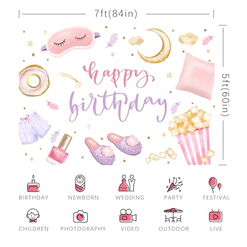 Rsuuinu Happy Birthday Backdrop Sleepover Party Pajamas Pillow Fight Photography Background Pink Girls Birthday Slumber Pa...